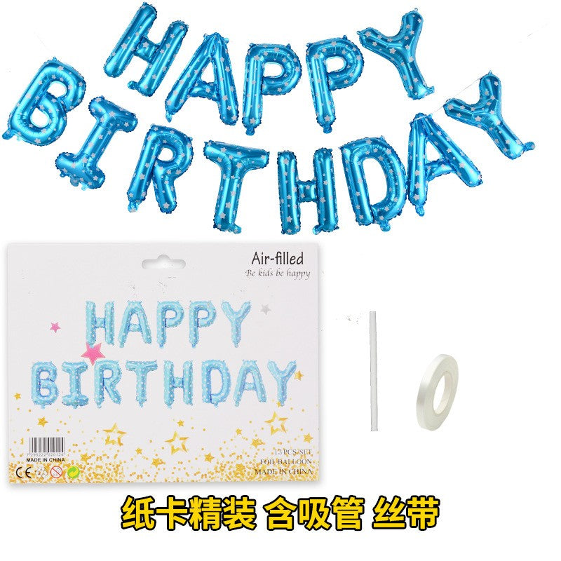 Set baloane din folie metalizată, Model Happy Birthday, Cu ață de prindere și adeziv, litere de 40 cm, Baloane Party, Albastru-0