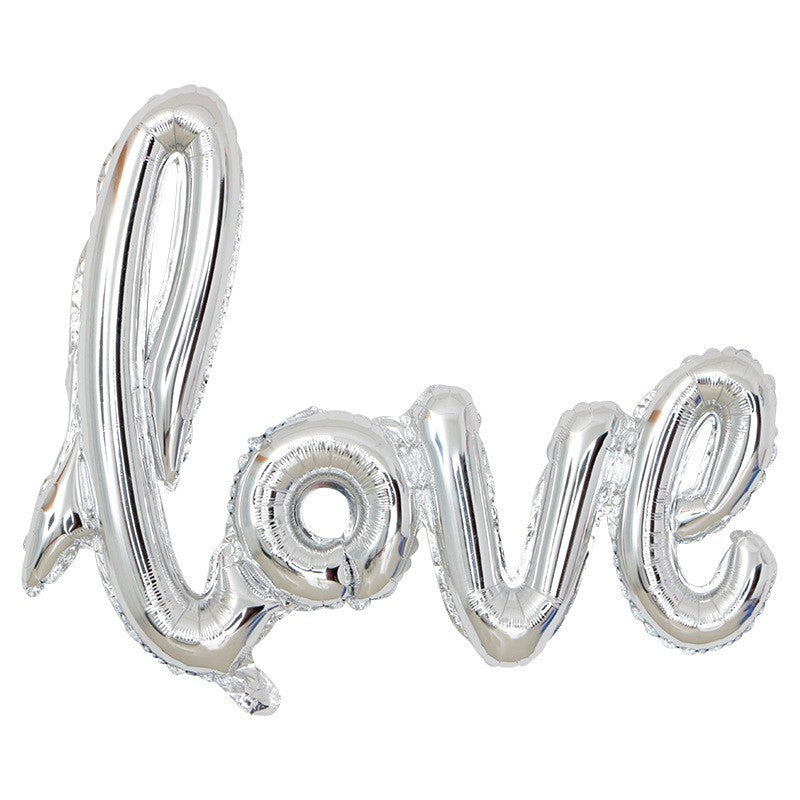 Set Baloane din Folie Metalizata, Model Love Scris de Mana, 102x65 cm, Baloane Ziua Indragostitilor, Ambalaj Individual, Pai inclus, Argintiu-1