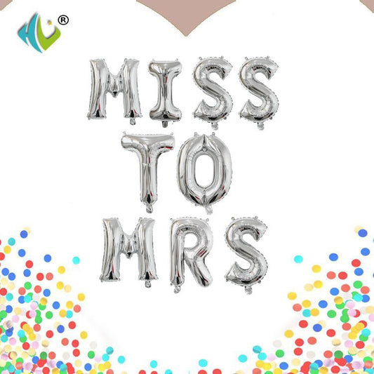 Set Baloane din Folie Metalizata, Flippy, Figurine Litere, Model Scris Miss to Mrs, Tema Iubire, 40 cm, Ambalaj Individual, Pai Inclus, Umflare cu Aer sau Heliu, Argintiu-0