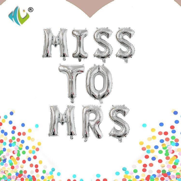 Set Baloane din Folie Metalizata, Flippy, Figurine Litere, Model Scris Miss to Mrs, Tema Iubire, 40 cm, Ambalaj Individual, Pai Inclus, Umflare cu Aer sau Heliu, Argintiu-0