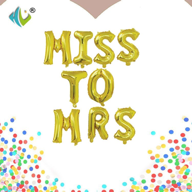 Set Baloane din Folie Metalizata, Flippy, Figurine Litere, Model Scris Miss to Mrs, Tema Iubire, 40 cm, Ambalaj Individual, Pai Inclus, Umflare cu Aer sau Heliu, Auriu-0