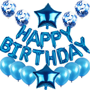 Set baloane din folie metalizată și baloane din latex, baloane folie Happy Birthday, 4 baloane latex Confetti, 6 baloane latex Albastru, 2 baloane folie Steluță, 40cm, Albastru-0