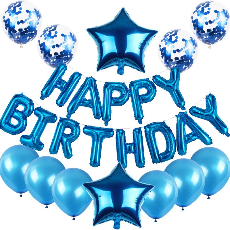 Set baloane din folie metalizată și baloane din latex, baloane folie Happy Birthday, 4 baloane latex Confetti, 6 baloane latex Albastru, 2 baloane folie Steluță, 40cm, Albastru-0