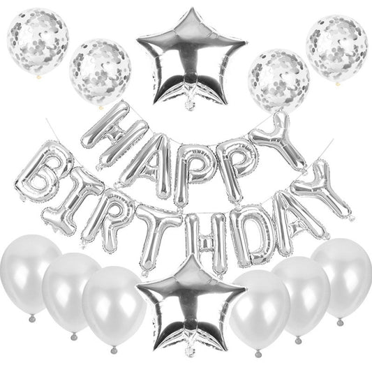 Set baloane din folie metalizată și baloane din latex, baloane folie Happy Birthday, 4 baloane latex Confetti, 6 baloane latex Argintiu, 2 baloane folie Steluță, 40cm, Argintiu-0