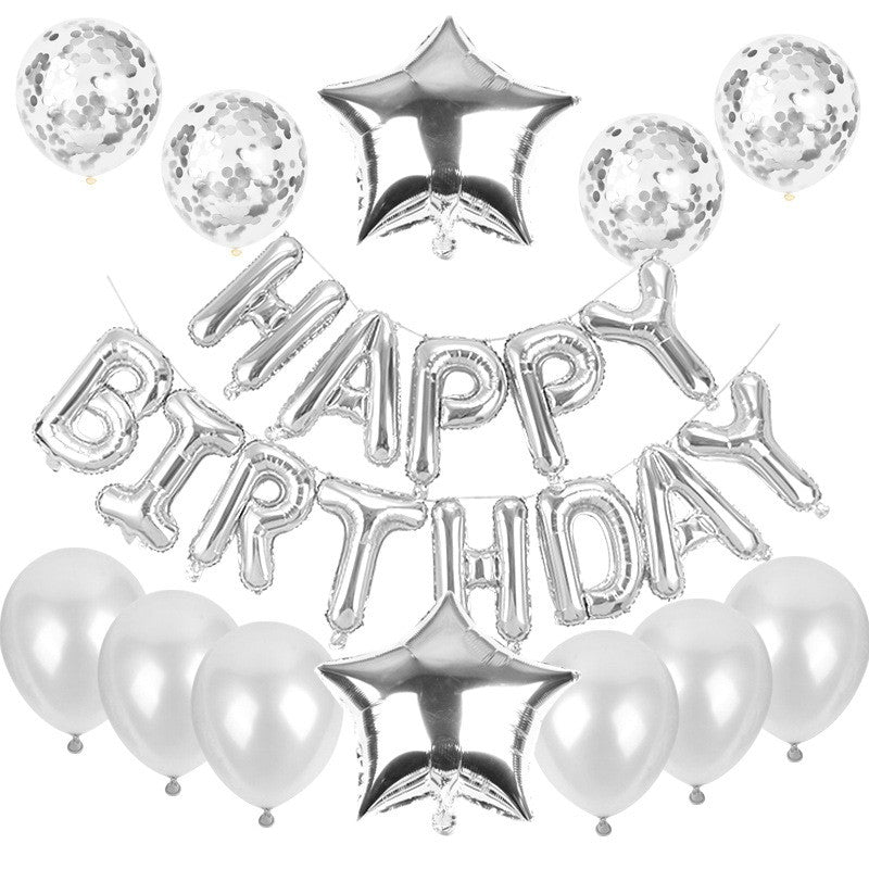 Set baloane din folie metalizată și baloane din latex, baloane folie Happy Birthday, 4 baloane latex Confetti, 6 baloane latex Argintiu, 2 baloane folie Steluță, 40cm, Argintiu-0