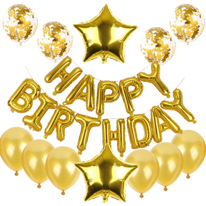 Set baloane din folie metalizată și baloane din latex, baloane folie Happy Birthday, 4 baloane latex Confetti, 6 baloane latex Gold, 2 baloane folie Steluță, 40cm, Gold-0