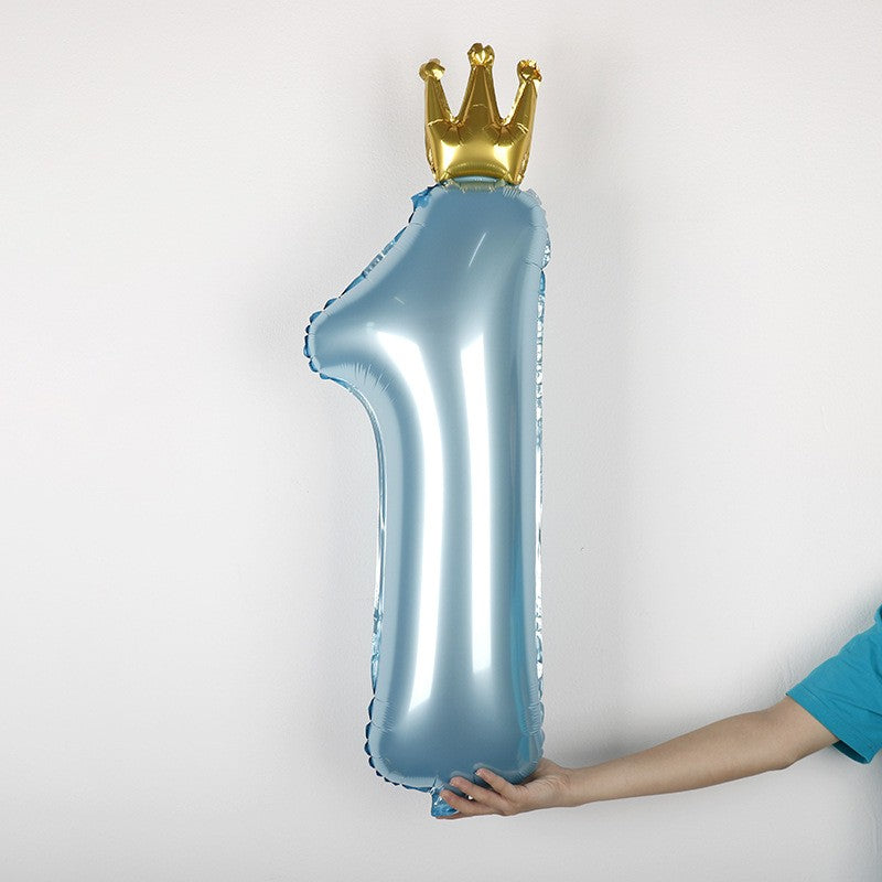 Set 8 Baloane din Folie Metalizată si din Latex, Flippy, Model Prima Aniversare, Baloane Party, 91cm, 45 cm, 30 cm, Ambalaj Individual, Pai Inclus, Albastru-1