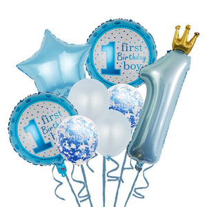 Set 8 Baloane din Folie Metalizată si din Latex, Flippy, Model Prima Aniversare, Baloane Party, 91cm, 45 cm, 30 cm, Ambalaj Individual, Pai Inclus, Albastru-0