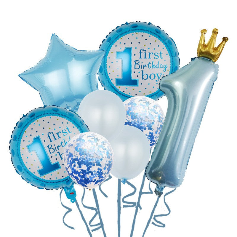 Set 8 Baloane din Folie Metalizată si din Latex, Flippy, Model Prima Aniversare, Baloane Party, 91cm, 45 cm, 30 cm, Ambalaj Individual, Pai Inclus, Albastru-0