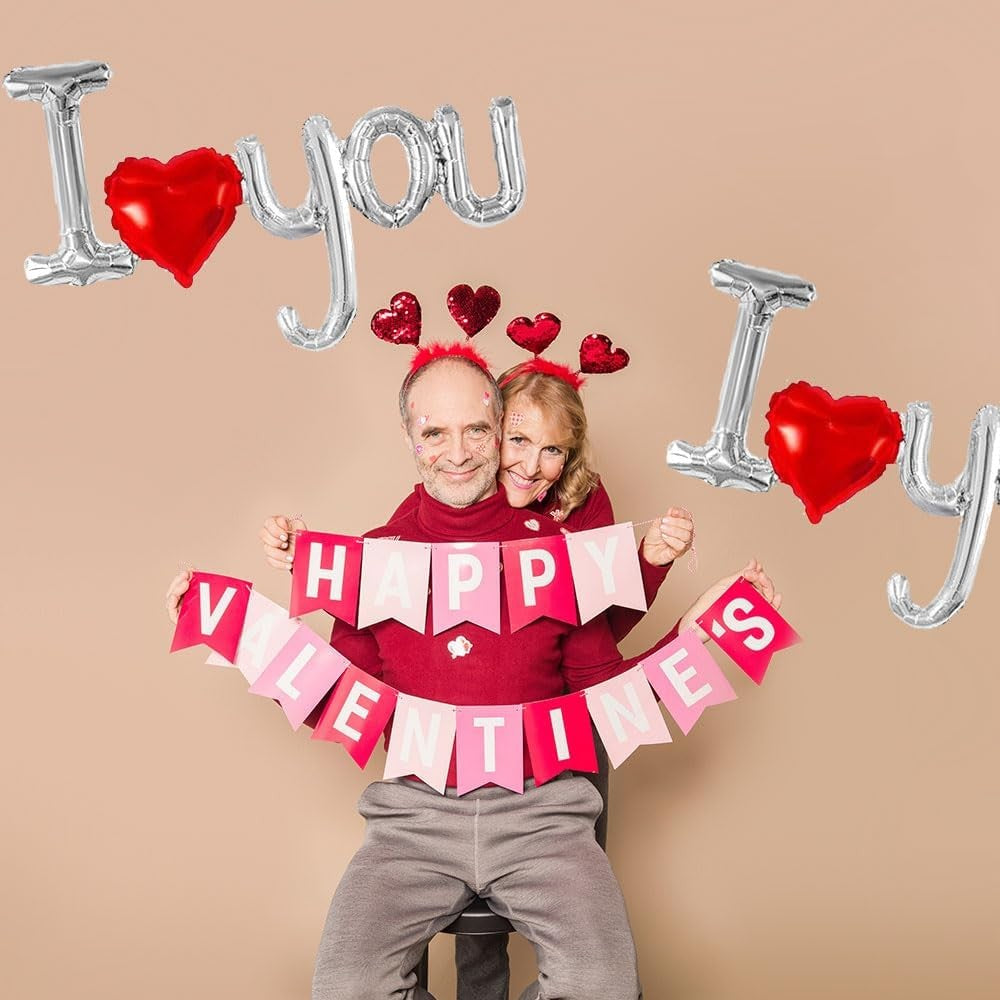 Balon din Folie Metalizata, Figurine Litere si Inima, Model I Love You, Tema Ziua Indragostitilor, 54x97 cm, Ambalaj Individual, Pai Inclus, Umflare cu Aer sau Heliu, Argintiu/Rosu-2
