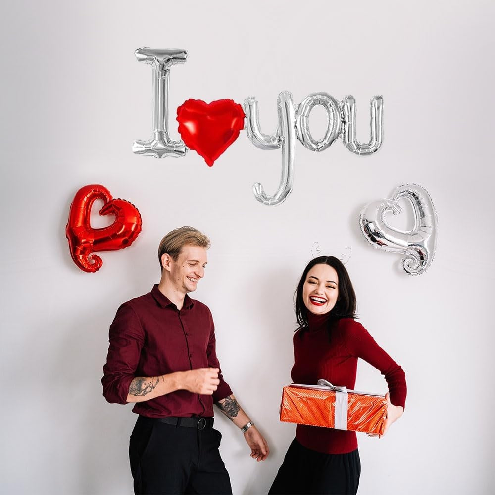 Balon din Folie Metalizata, Figurine Litere si Inima, Model I Love You, Tema Ziua Indragostitilor, 54x97 cm, Ambalaj Individual, Pai Inclus, Umflare cu Aer sau Heliu, Argintiu/Rosu-3