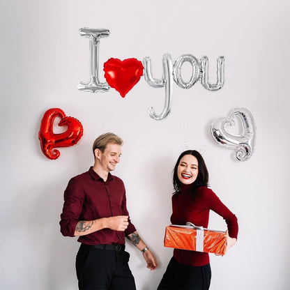 Balon din Folie Metalizata, Figurine Litere si Inima, Model I Love You, Tema Ziua Indragostitilor, 54x97 cm, Ambalaj Individual, Pai Inclus, Umflare cu Aer sau Heliu, Argintiu/Rosu-3