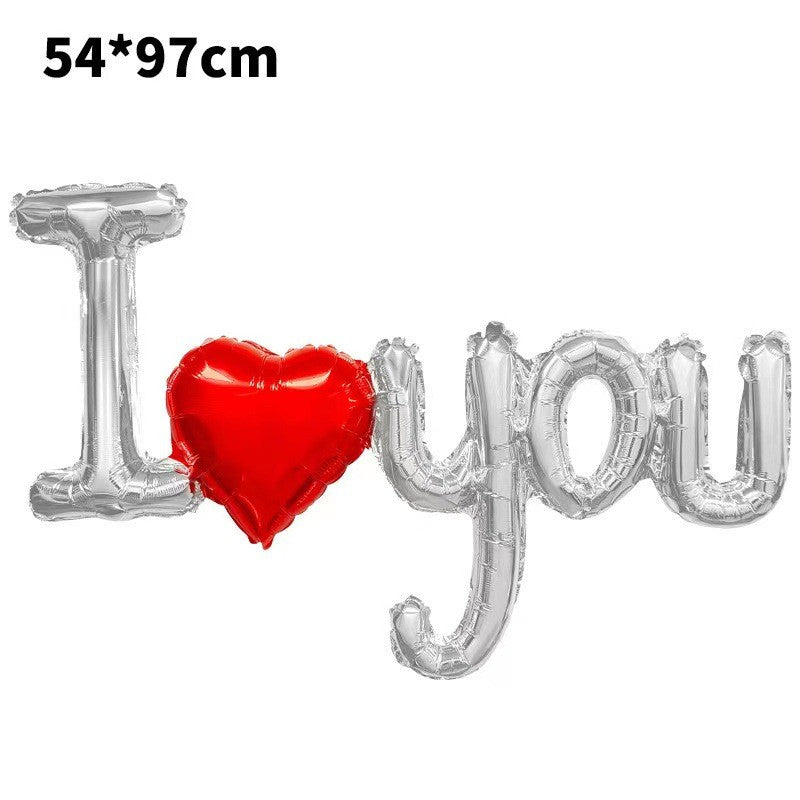Balon din Folie Metalizata, Figurine Litere si Inima, Model I Love You, Tema Ziua Indragostitilor, 54x97 cm, Ambalaj Individual, Pai Inclus, Umflare cu Aer sau Heliu, Argintiu/Rosu-1