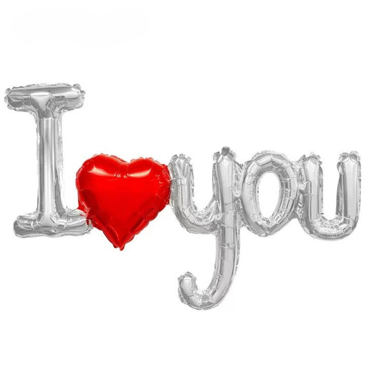 Balon din Folie Metalizata, Figurine Litere si Inima, Model I Love You, Tema Ziua Indragostitilor, 54x97 cm, Ambalaj Individual, Pai Inclus, Umflare cu Aer sau Heliu, Argintiu/Rosu-0