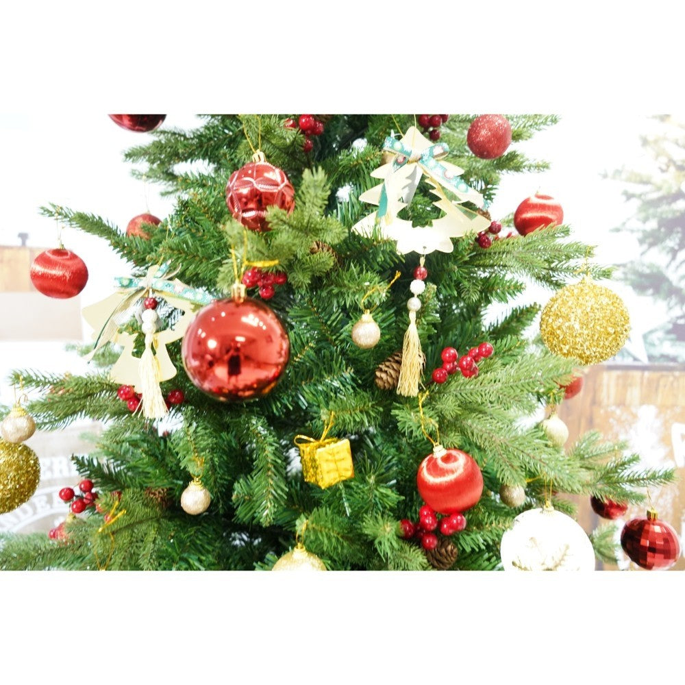 Set brad artificial de Craciun si elemente decorative, decorat cu conuri pin rosii, inaltime 210 cm, diametru 137 cm, 1172 ramuri, Flippy, verde, suport metalic inclus-2