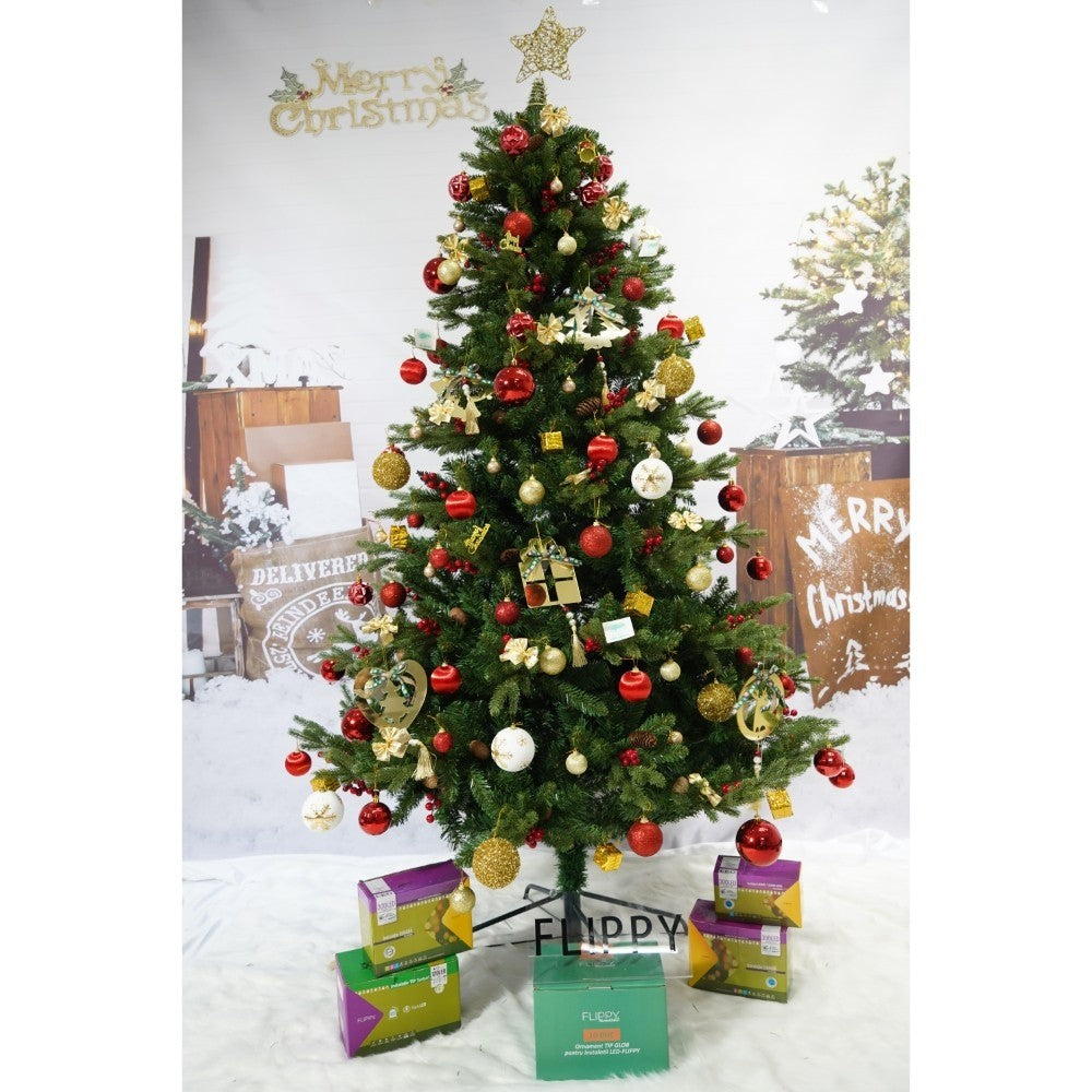 Set brad artificial de Craciun si elemente decorative, decorat cu conuri pin rosii, inaltime 210 cm, diametru 137 cm, 1172 ramuri, Flippy, verde, suport metalic inclus-2
