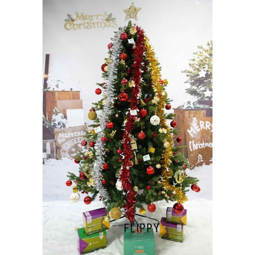 Set brad artificial de Craciun si elemente decorative, decorat cu conuri pin rosii, inaltime 210 cm, diametru 137 cm, 1172 ramuri, Flippy, verde, suport metalic inclus-1