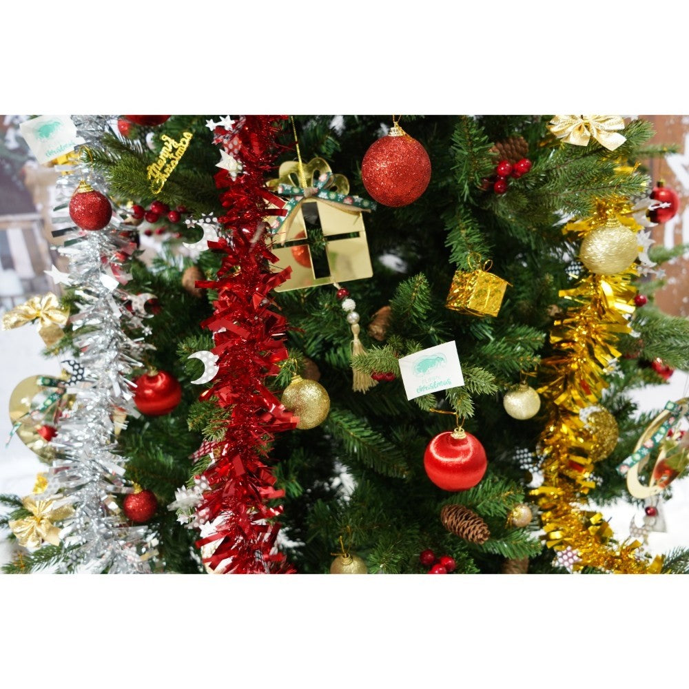 Set brad artificial de Craciun si elemente decorative, decorat cu conuri pin rosii, inaltime 210 cm, diametru 137 cm, 1172 ramuri, Flippy, verde, suport metalic inclus-5