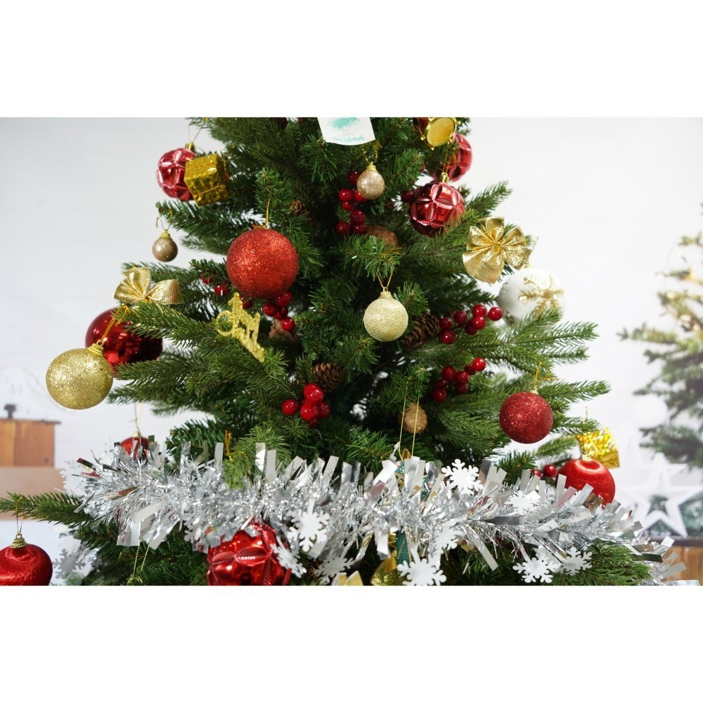 Set brad artificial de Craciun si elemente decorative, decorat cu conuri pin rosii, inaltime 210 cm, diametru 137 cm, 1172 ramuri, Flippy, verde, suport metalic inclus-2