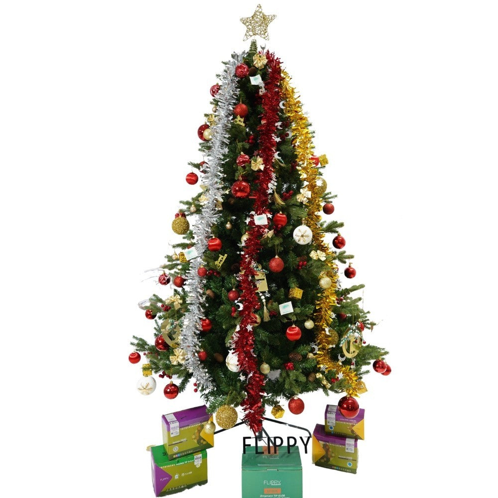 Set brad artificial de Craciun si elemente decorative, decorat cu conuri pin rosii, inaltime 210 cm, diametru 137 cm, 1172 ramuri, Flippy, verde, suport metalic inclus-0