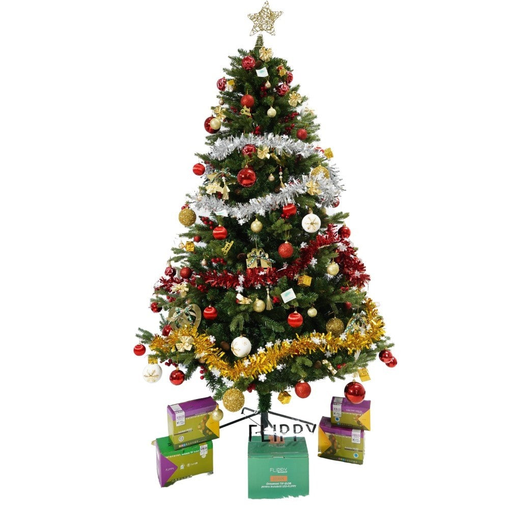 Set brad artificial de Craciun si elemente decorative, decorat cu conuri pin rosii, inaltime 210 cm, diametru 137 cm, 1172 ramuri, Flippy, verde, suport metalic inclus-0