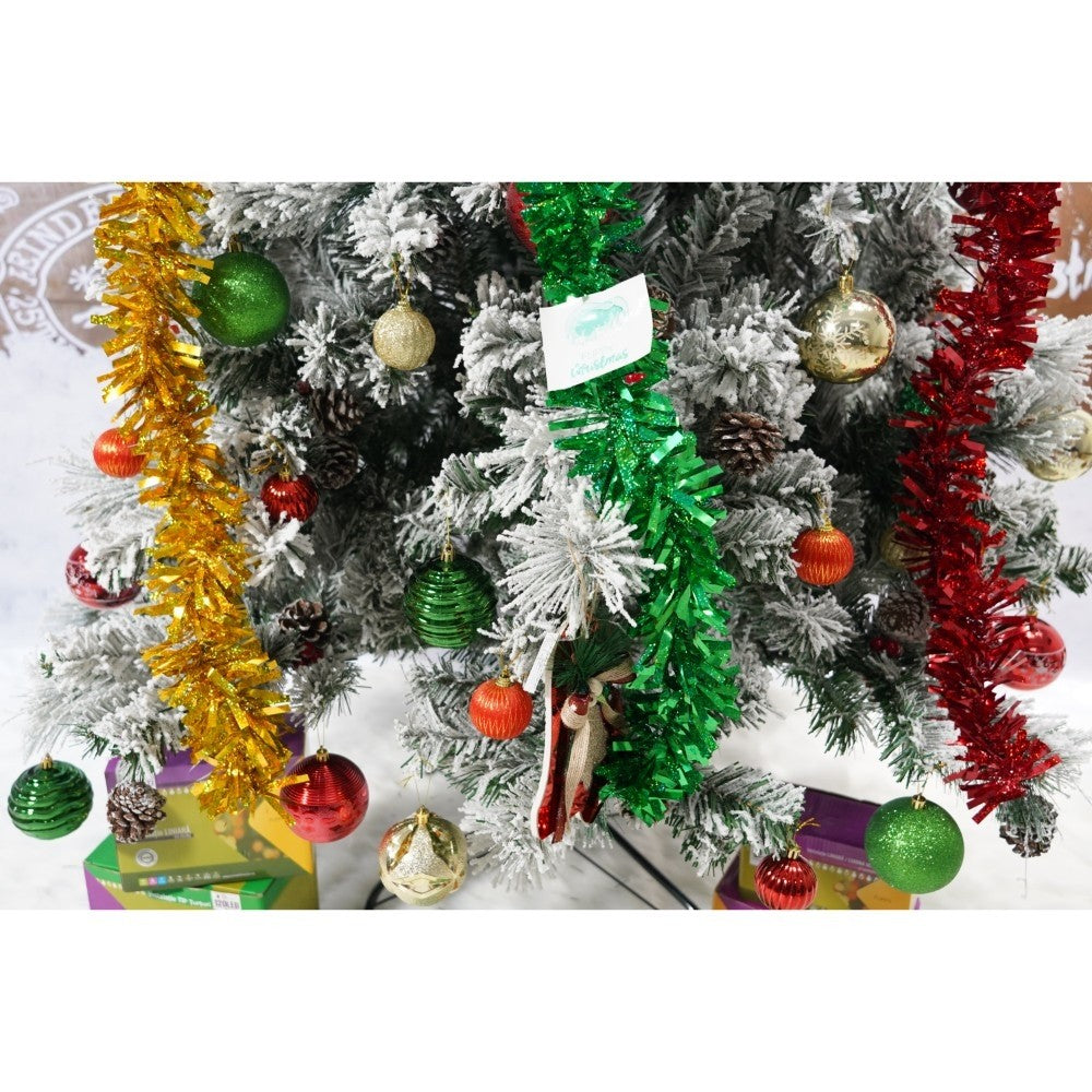 Set brad artificial de Craciun si elemente decorative, nins, decorat cu conuri pin, pentru interior/exterior, inaltime 210 cm, diametru 131 cm, 630 ramuri, Flippy, alb/verde, suport metalic inclus-3