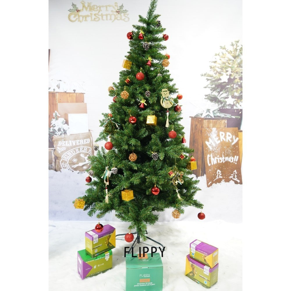 Set brad artificial de Craciun si elemente decorative, nins, decorat cu conuri pin, pentru interior/exterior, inaltime 210 cm, diametru 131 cm, 630 ramuri, Flippy, alb/verde, suport metalic inclus-1