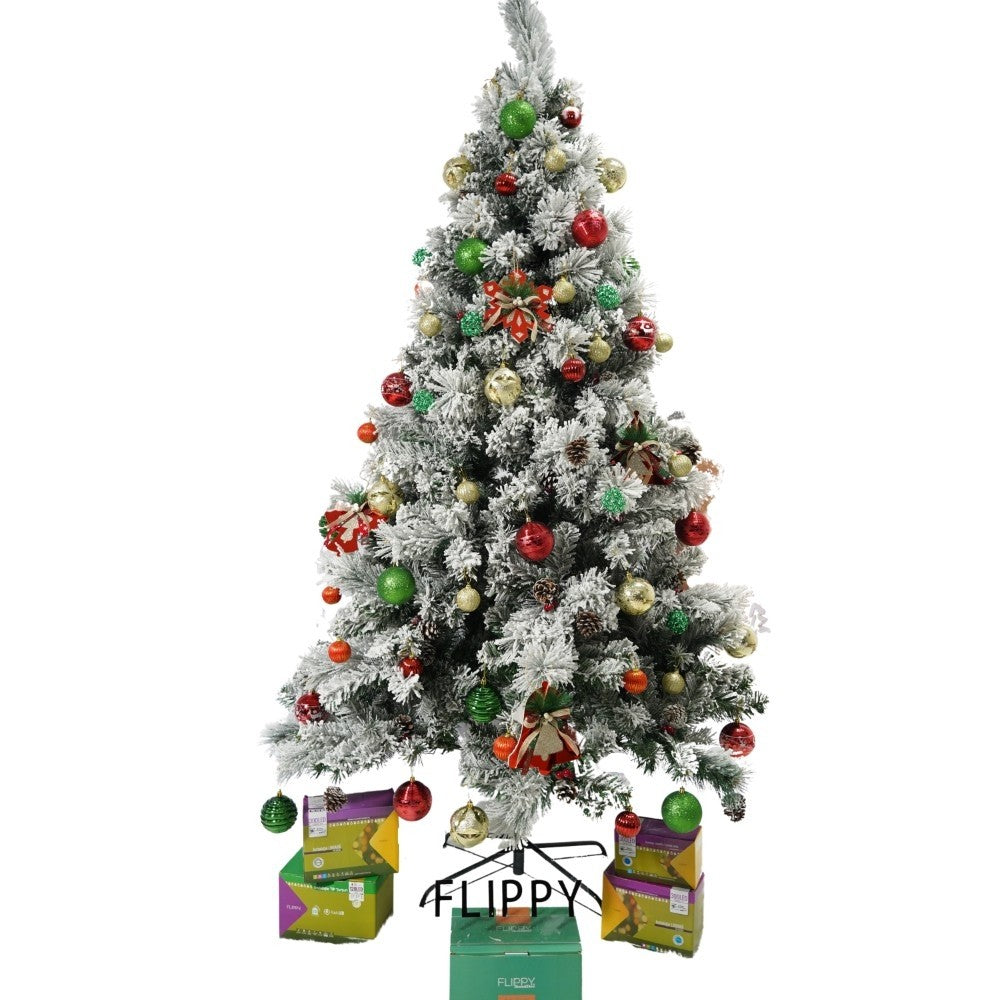 Set brad artificial de Craciun si elemente decorative, nins, decorat cu conuri pin, pentru interior/exterior, inaltime 210 cm, diametru 131 cm, 630 ramuri, Flippy, alb/verde, suport metalic inclus-0