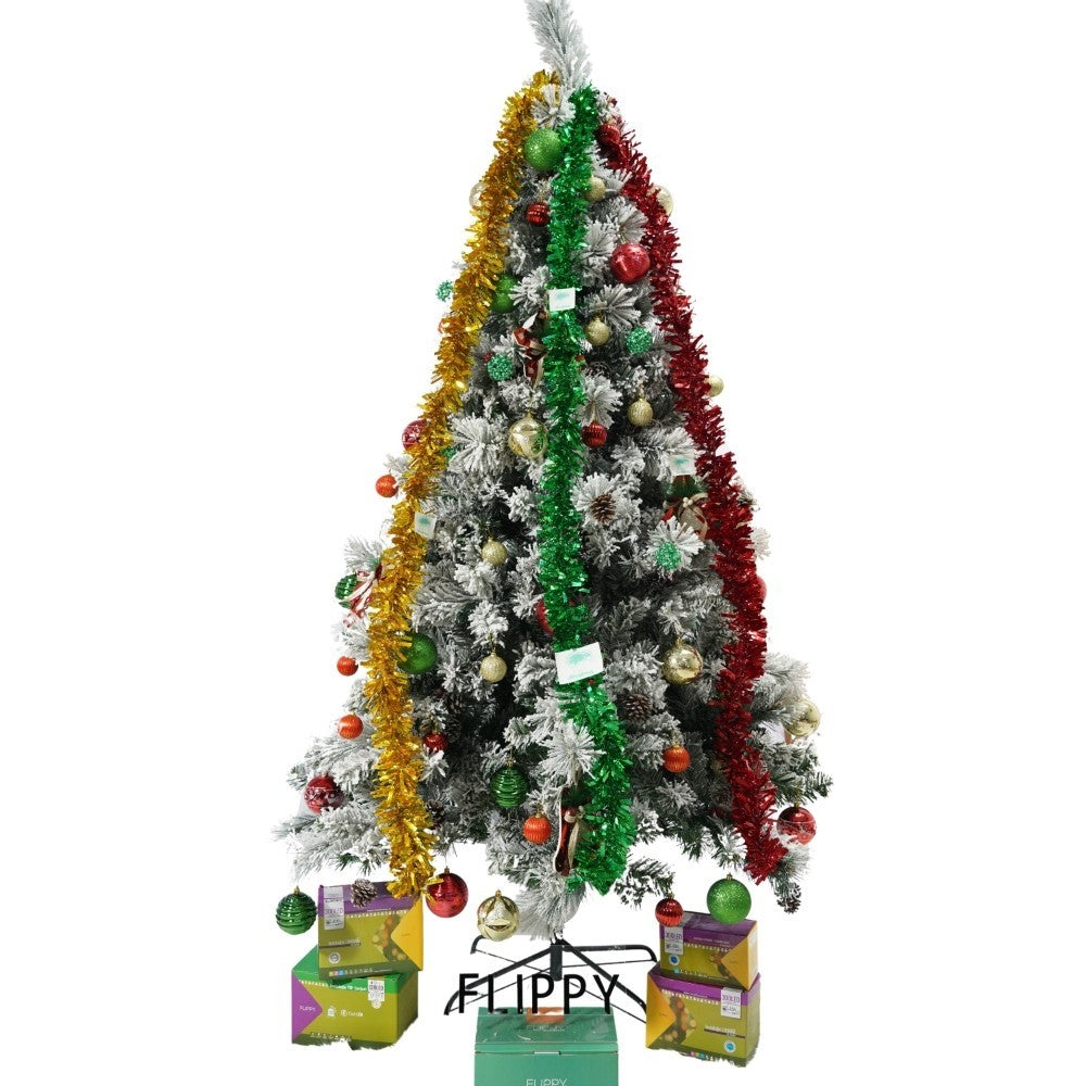 Set brad artificial de Craciun si elemente decorative, nins, decorat cu conuri pin, pentru interior/exterior, inaltime 210 cm, diametru 131 cm, 630 ramuri, Flippy, alb/verde, suport metalic inclus-0