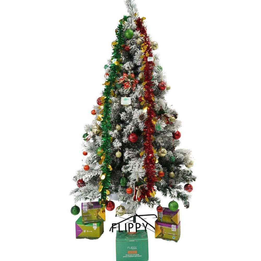Set brad artificial de Craciun si elemente decorative, nins, decorat cu conuri pin, pentru interior/exterior, inaltime 210 cm, diametru 131 cm, 630 ramuri, Flippy, alb/verde, suport metalic inclus-0