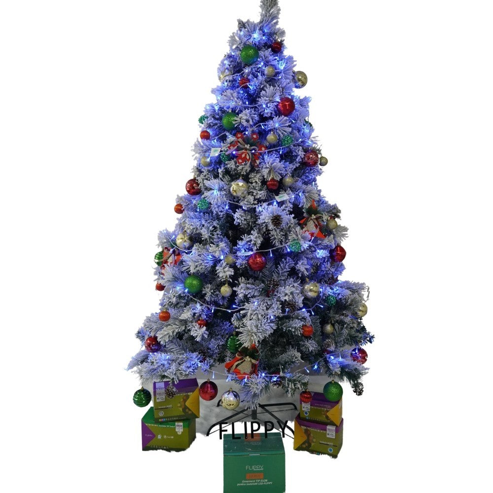 Set brad artificial de Craciun si elemente decorative, nins, decorat cu conuri pin, pentru interior/exterior, inaltime 210 cm, diametru 131 cm, 630 ramuri, Flippy, alb/verde, suport metalic inclus-0