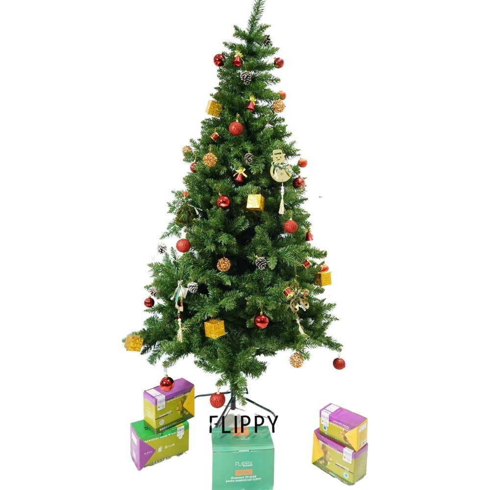 Set brad artificial de Craciun si elemente decorative, nins, decorat cu conuri pin, pentru interior/exterior, inaltime 210 cm, diametru 131 cm, 630 ramuri, Flippy, alb/verde, suport metalic inclus-0