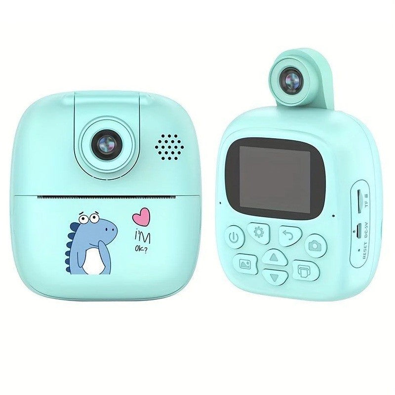 Set Camera Instantanee pentru Copii, Flippy, Camera 180° Selfie, Ecran HD 2'', 24MP, 720P Video, 1200 mAh, cu Functie de Printare Alb-Negru, cablu USB-C, Bluetooth, Compatibil iOS/Android, Imprimare APP, Model Dino, Turcoaz-0