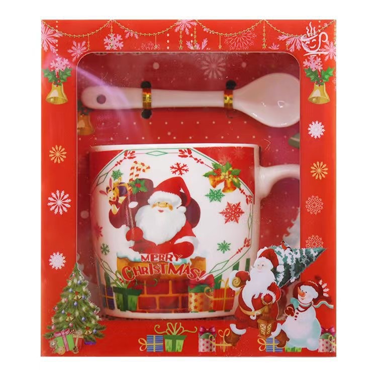 Set cana ceramica cu lingurita Flippy, 200 ml, tematica Mos Craciun cu sac de cadouri, multicolor-0