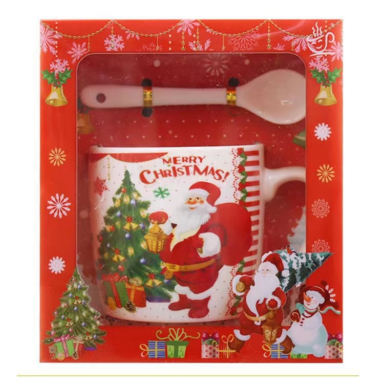 Set cana ceramica cu lingurita Flippy, 200 ml, tematica Mos Craciun cu brad, alb-0