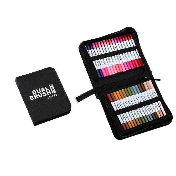 Set Carioci pe Baza de Apa, Flippy, 2 in 1, pentru Pictura, Caligrafie, 100 Culori, Penar Negru, Corp Carioca Alb, 23.5 x 19.5 x 7.5 cm, Multicolor-0