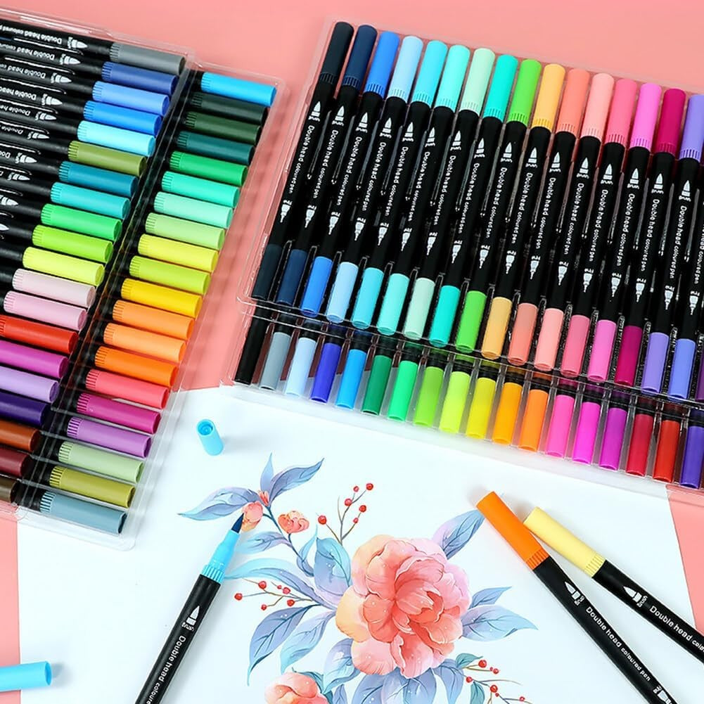 Set Carioci pe Baza de Apa, Flippy, 2 in 1, pentru Pictura, Caligrafie, 60 Culori, Penar Negru, Corp Carioca Negru, 26.5 x 17.5 x 4.5 cm, Multicolor-1