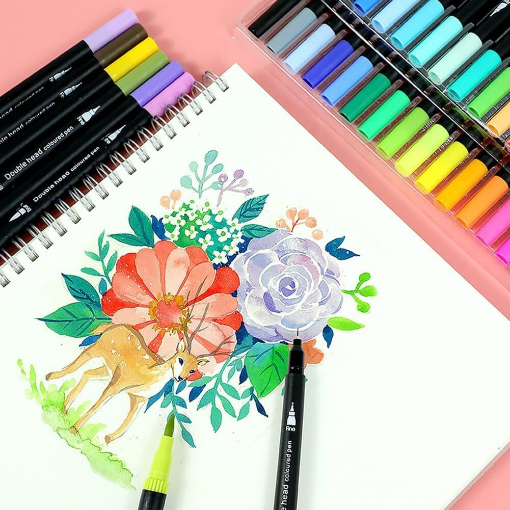 Set Carioci pe Baza de Apa, Flippy, 2 in 1, pentru Pictura, Caligrafie, 60 Culori, Penar Negru, Corp Carioca Negru, 26.5 x 17.5 x 4.5 cm, Multicolor-2