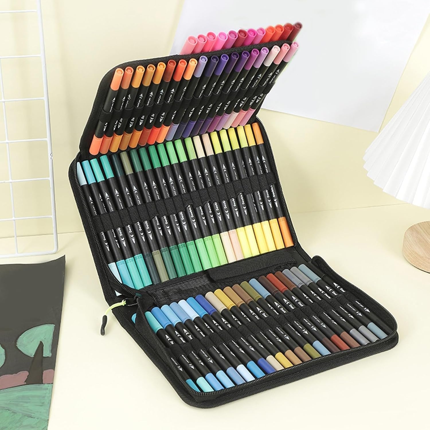 Set Carioci pe Baza de Apa, Flippy, 2 in 1, pentru Pictura, Caligrafie, 72 Culori, Penar Negru, Corp Carioca Negru, 24.5 x 18.5 x 5 cm, Multicolor-4