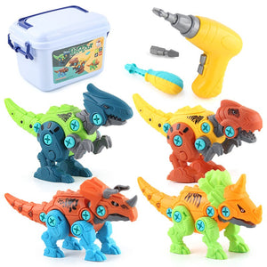 Set de Constructie, Flippy, 4 Dinozauri, cu Bormasina de Jucarie, Surubelnita si Cutie Depozitare, 22 cm, Multicolor-0