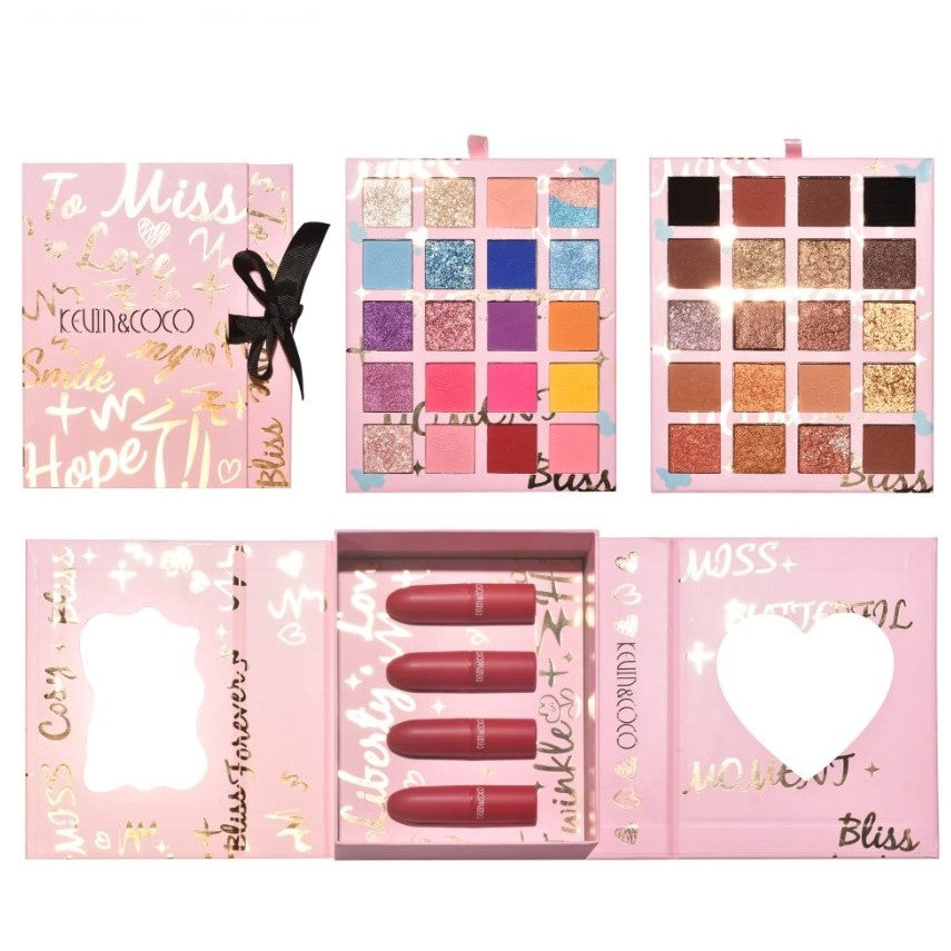 Set cosmetice Kevin&Coco, 4 Lip gloss, paleta farduri 40 culori nuante nude / rose, cutie cadou, Fara Sulfati, Pudra Compacta, Clasic, 17 x 14 x 5 cm, multicolor-0
