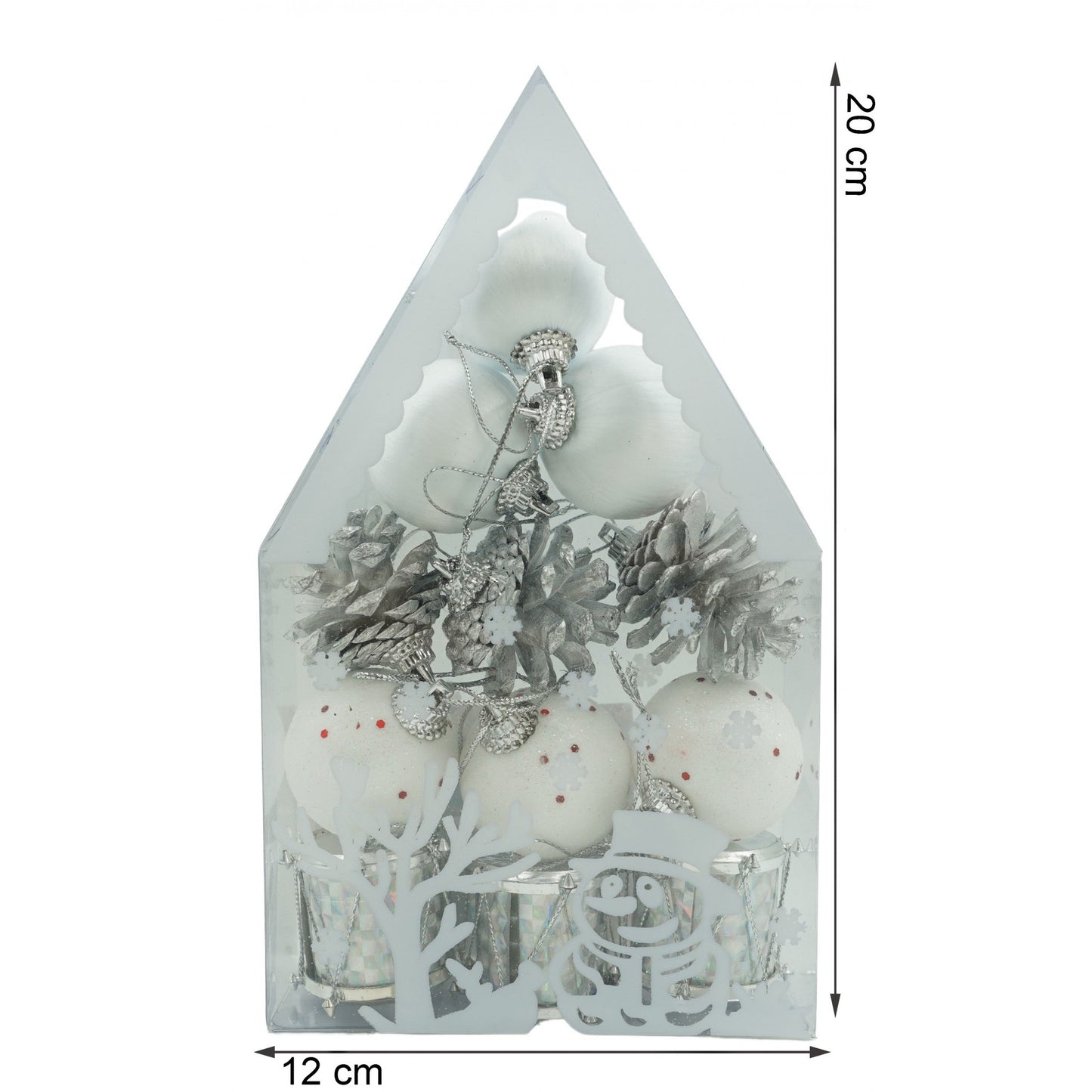 Set de 12 ornamente de brad, Flippy, de tip Glob, Alb/ Argintiu, din polistiren, cu finisaj sclipitor , cutie  4  cm adancime x 20  cm inaltime x 12  cm lungime)-5