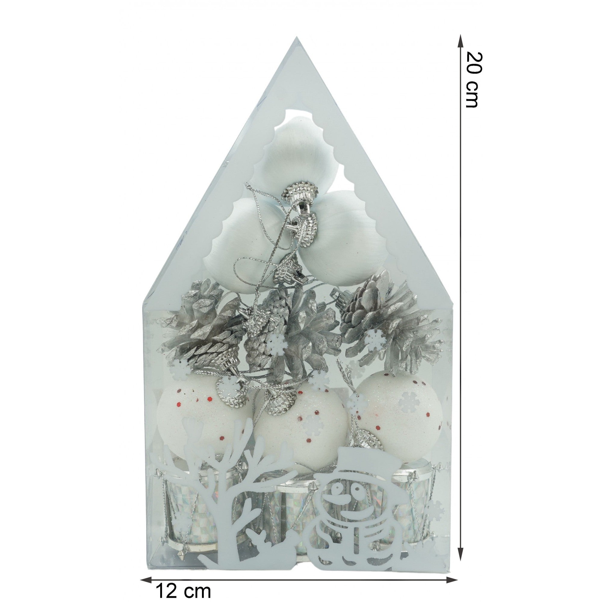Set de 12 ornamente de brad, Flippy, de tip Glob, Alb/ Argintiu, din polistiren, cu finisaj sclipitor , cutie  4  cm adancime x 20  cm inaltime x 12  cm lungime)-5