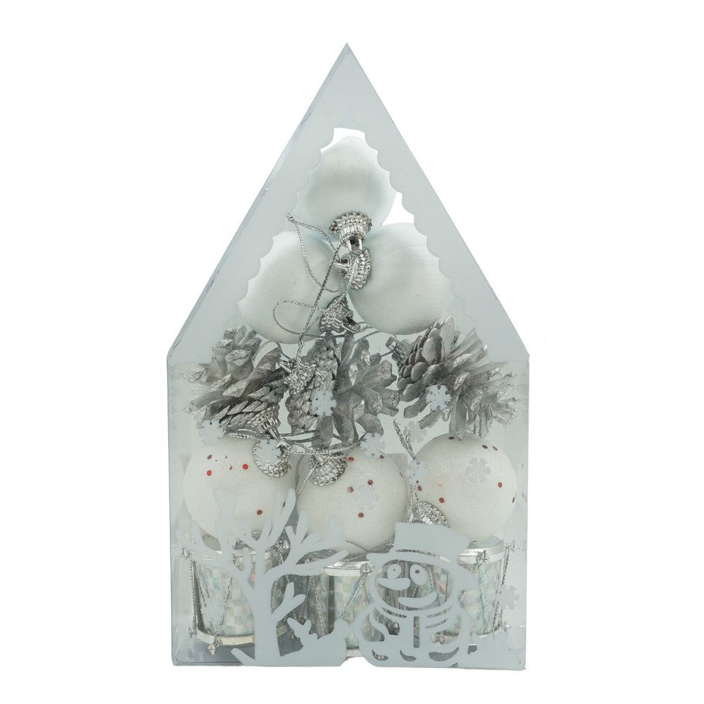 Set de 12 ornamente de brad, Flippy, de tip Glob, Alb/ Argintiu, din polistiren, cu finisaj sclipitor , cutie  4  cm adancime x 20  cm inaltime x 12  cm lungime)-0