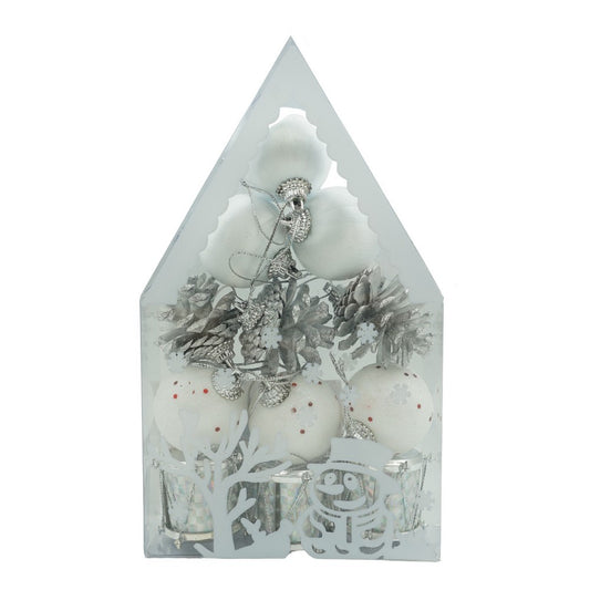 Set de 12 ornamente de brad, Flippy, de tip Glob, Alb/ Argintiu, din polistiren, cu finisaj sclipitor , cutie  4  cm adancime x 20  cm inaltime x 12  cm lungime)-0