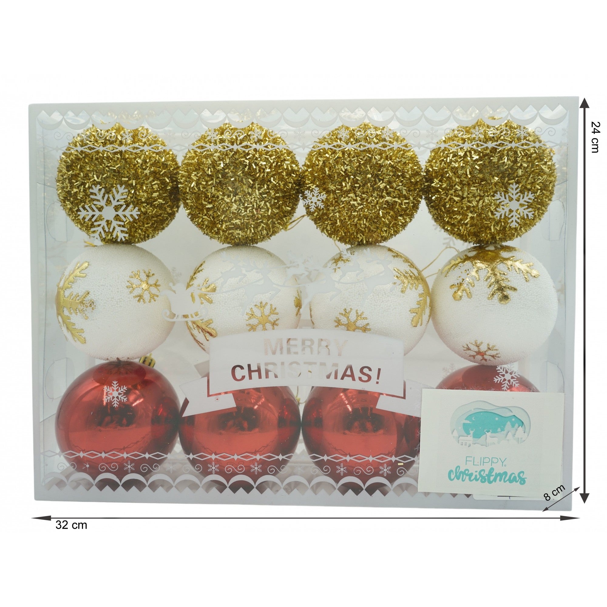 Set de 12 ornamente de brad, Flippy, de tip Glob, Alb/ Rosu, din polistiren, cu finisaj sclipitor , cutie  8  cm adancime x 32  cm lungime x 24  cm inaltime-5