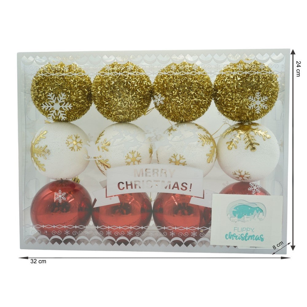 Set de 12 ornamente de brad, Flippy, de tip Glob, Alb/ Rosu, din polistiren, cu finisaj sclipitor , cutie  8  cm adancime x 32  cm lungime x 24  cm inaltime-10