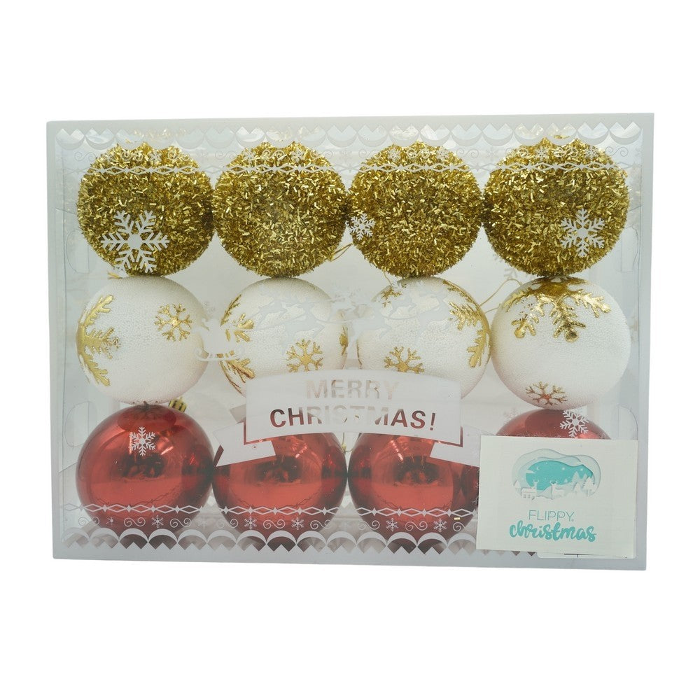 Set de 12 ornamente de brad, Flippy, de tip Glob, Alb/ Rosu, din polistiren, cu finisaj sclipitor , cutie  8  cm adancime x 32  cm lungime x 24  cm inaltime-0