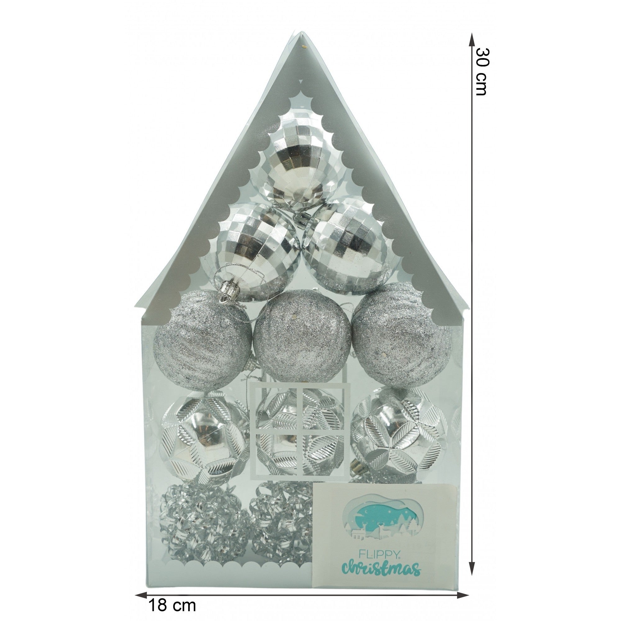 Set de 12 ornamente de brad, Flippy, de tip Glob, Argintiu, din plastic, cu finisaj sclipitor , cutie  6  cm adancime x 30  cm inaltime x 18  cm lungime)-5