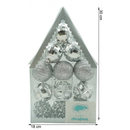 Set de 12 ornamente de brad, Flippy, de tip Glob, Argintiu, din plastic, cu finisaj sclipitor , cutie  6  cm adancime x 30  cm inaltime x 18  cm lungime)-5